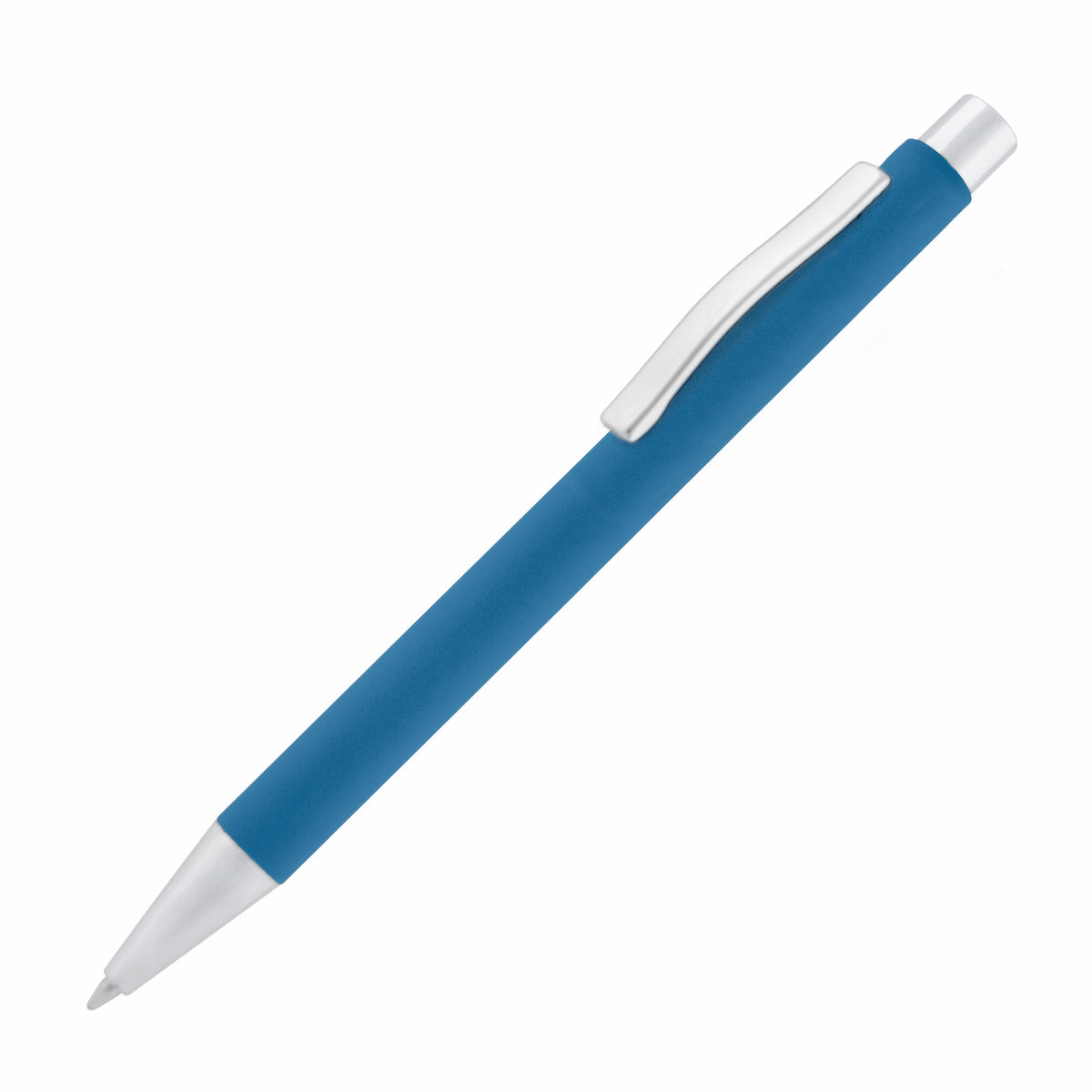 Branded Soft Feel Push Action Steel Ball Pen with Chrome Trim in LIGHT BLUE