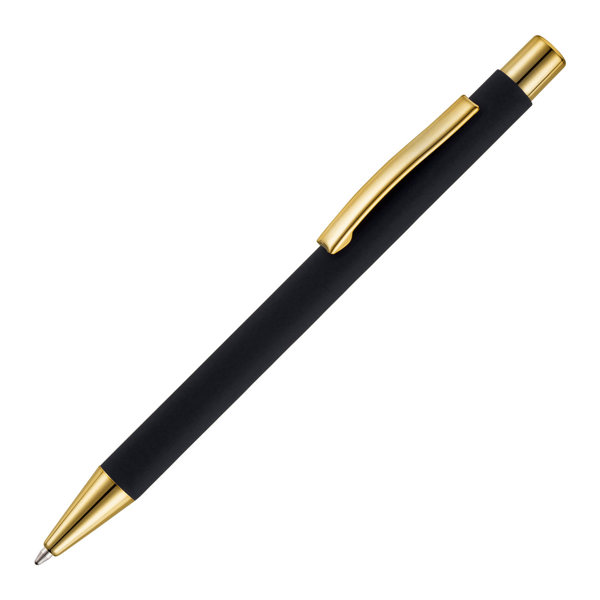 Branded Gold Trim Soft Feel Recycled Aluminium Ball Pen in BLACK