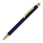 Branded Gold Trim Soft Feel Recycled Aluminium Ball Pen in BLUE