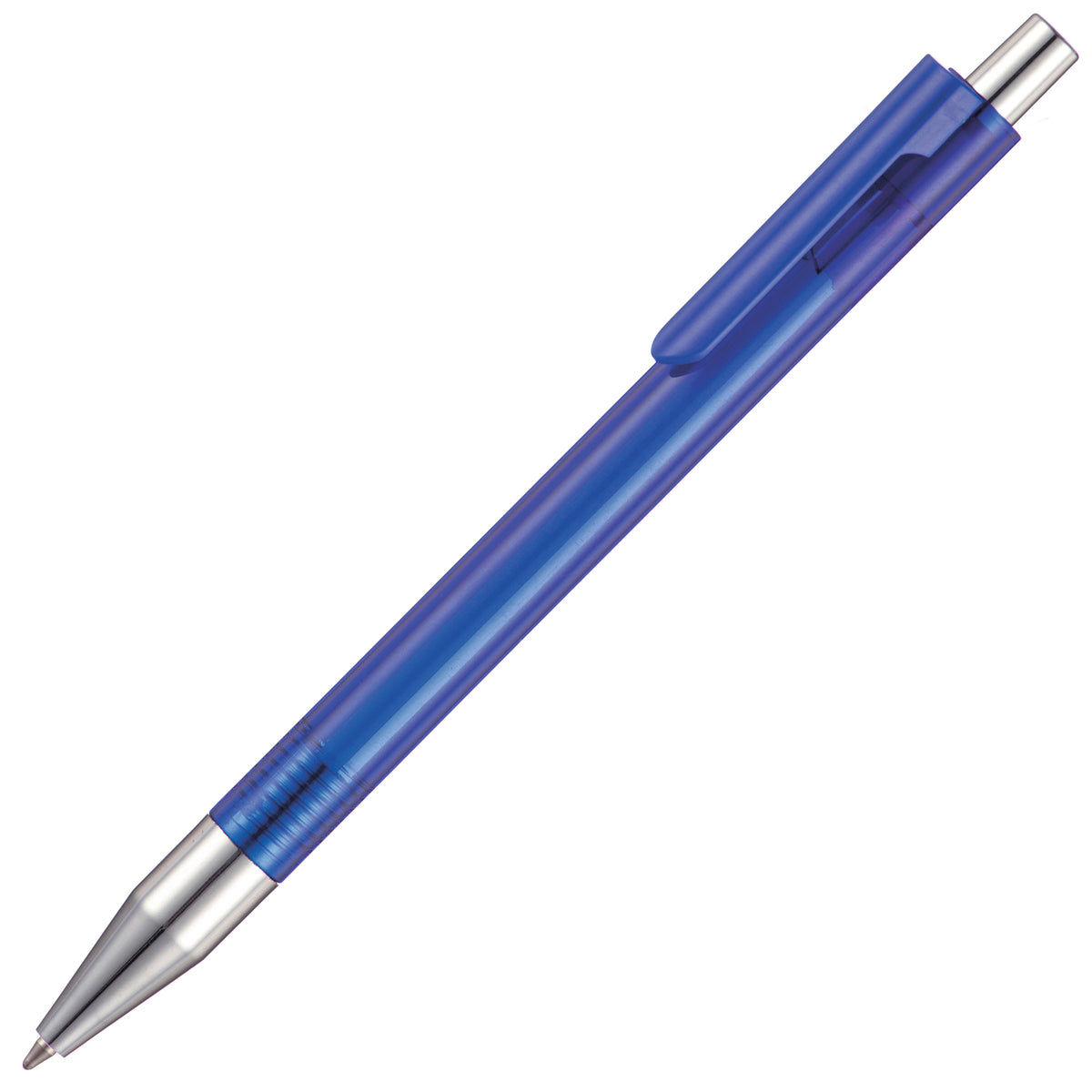 Branded Translucent Push Action Ball Pen with Chrome Trim in BLUE