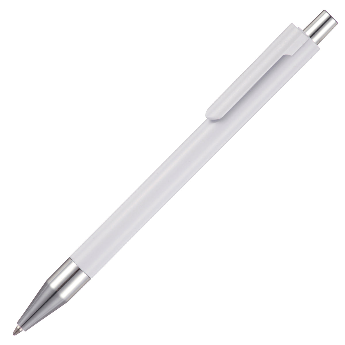 Branded Solid Push Action Ball Pen with Chrome Trim in WHITE