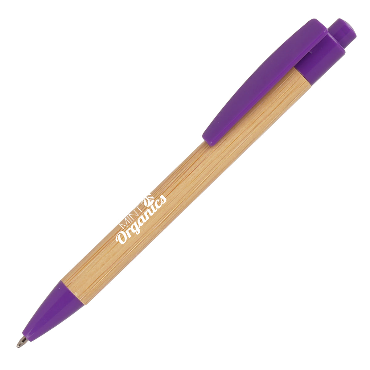 Branded Bamboo Push Action Ball Pen with Recyclable Trim in PURPLE