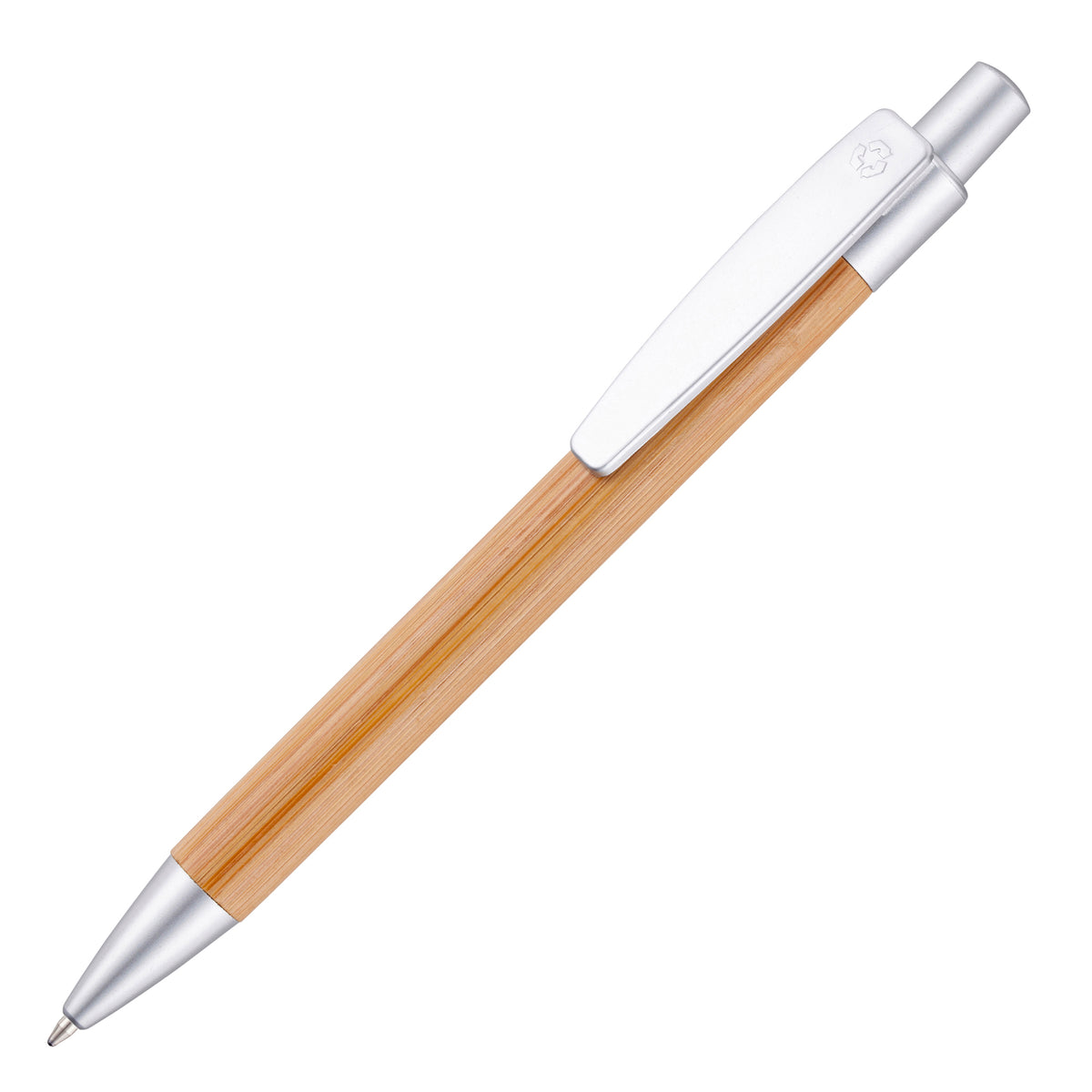 Branded Bamboo Push Action Ball Pen with Recyclable Trim in SILVER
