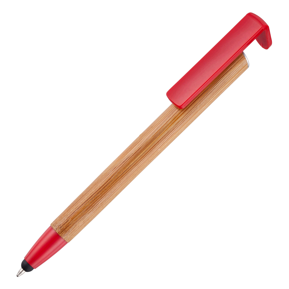 Branded Bamboo Ball Pen with Phone Stand and Stylus in RED