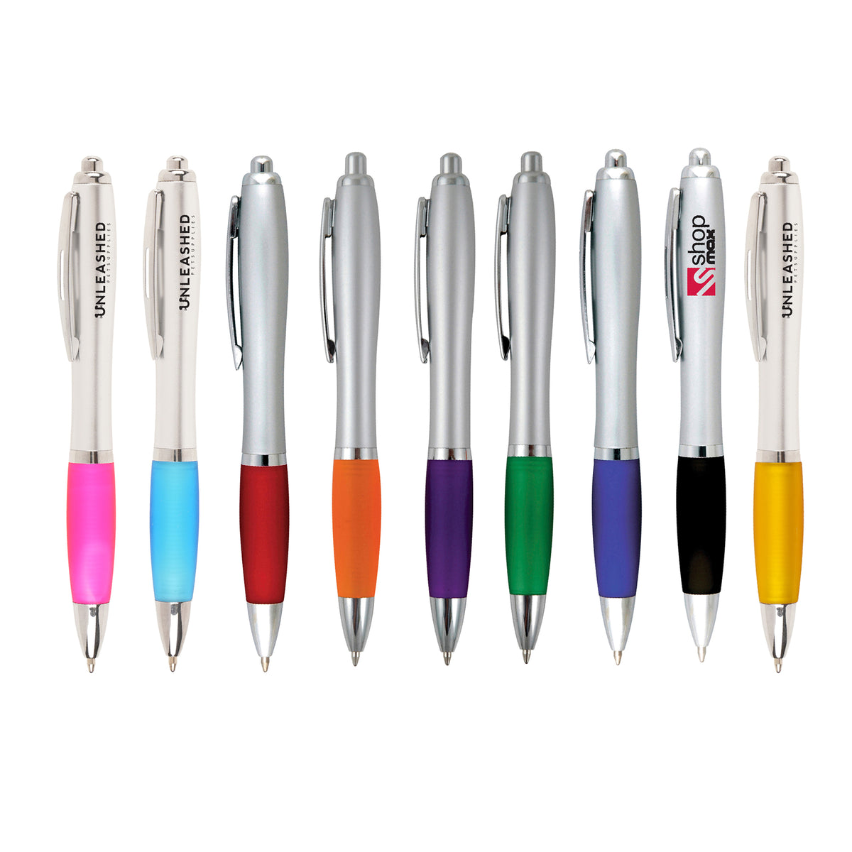 Branded Silver Barrel Push Action Ball Pen with Coloured Grip