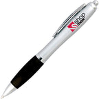 Branded Silver Barrel Push Action Ball Pen with Coloured Grip in BLACK