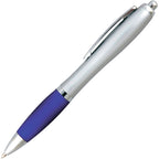 Branded Silver Barrel Push Action Ball Pen with Coloured Grip in BLUE