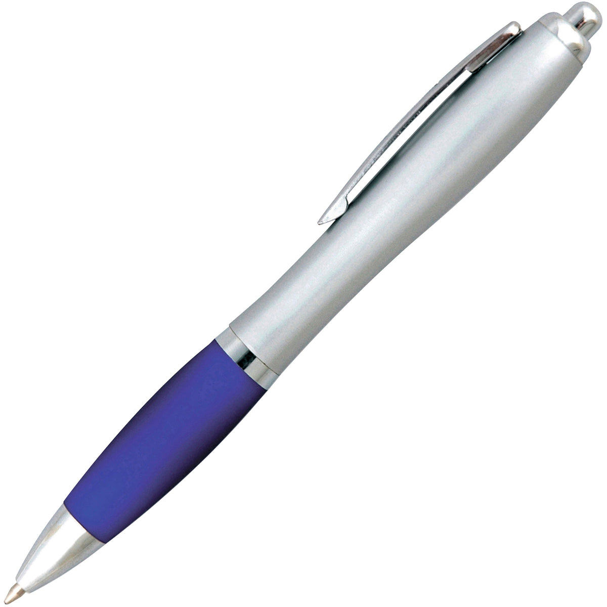 Branded Silver Barrel Push Action Ball Pen with Coloured Grip in BLUE