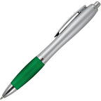 Branded Silver Barrel Push Action Ball Pen with Coloured Grip in GREEN