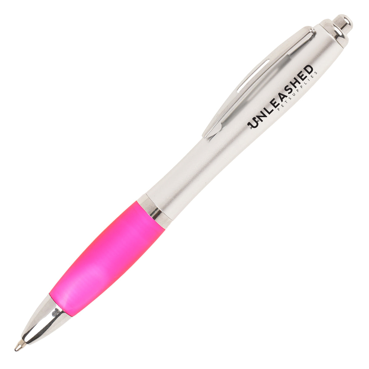 Branded Silver Barrel Push Action Ball Pen with Coloured Grip in PINK