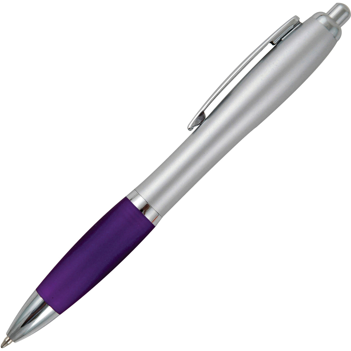 Branded Silver Barrel Push Action Ball Pen with Coloured Grip in PURPLE