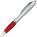 Branded Silver Barrel Push Action Ball Pen with Coloured Grip in RED