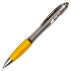 Branded Silver Barrel Push Action Ball Pen with Coloured Grip in YELLOW