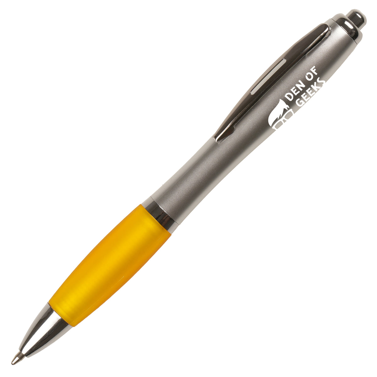 Branded Silver Barrel Push Action Ball Pen with Coloured Grip in YELLOW