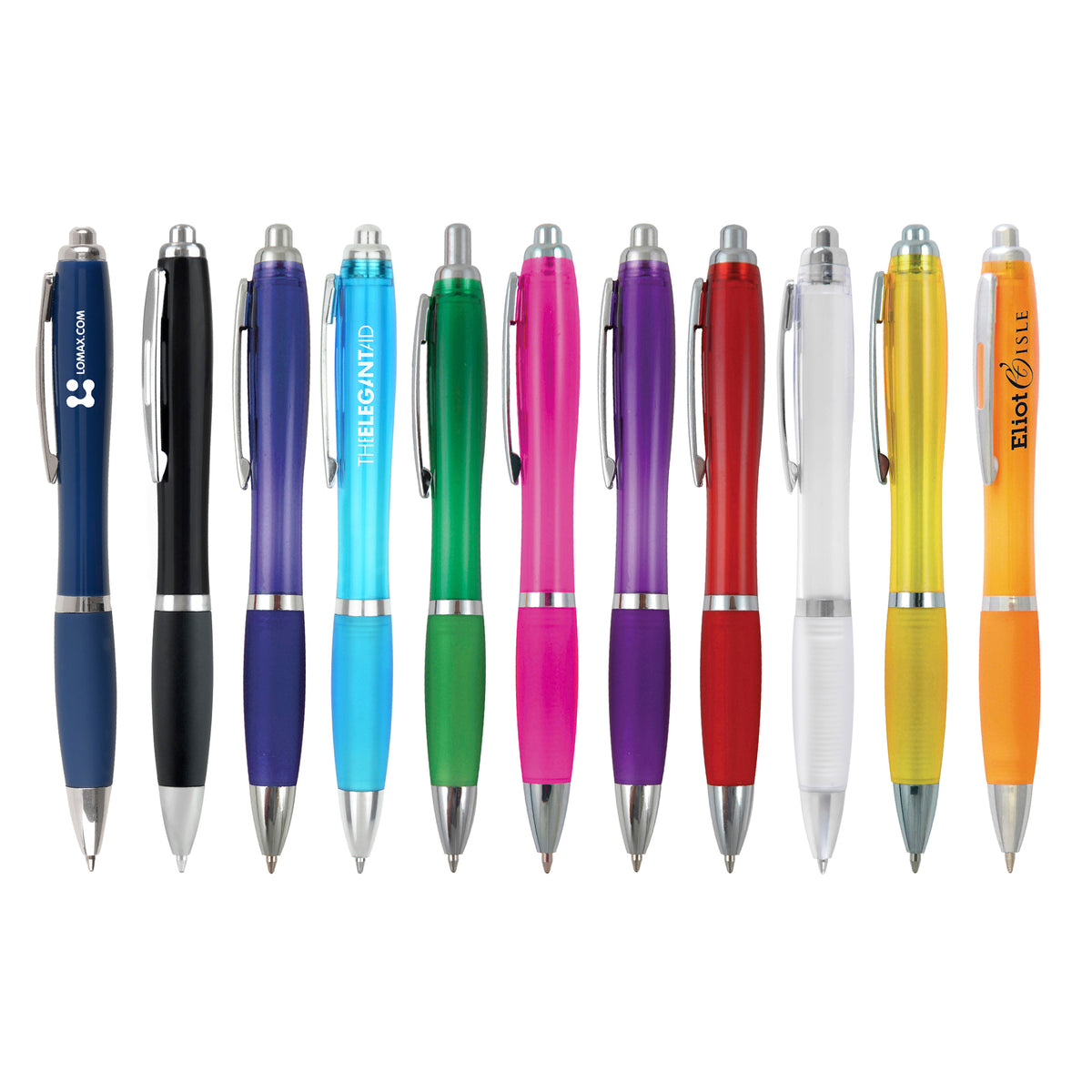 Branded Curved Push Action Ball Pen with Coloured Barrel