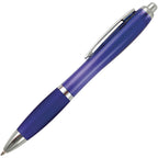 Branded Curved Push Action Ball Pen with Coloured Barrel in BLUE