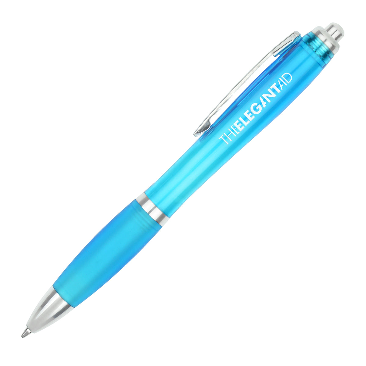 Branded Curved Push Action Ball Pen with Coloured Barrel in LIGHT BLUE