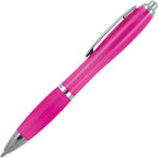 Branded Curved Push Action Ball Pen with Coloured Barrel in PINK