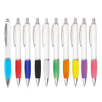 Branded White Barrel Push Action Ball Pen with Coloured Grip