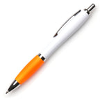 Branded White Barrel Push Action Ball Pen with Coloured Grip