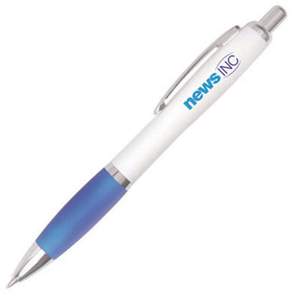 Branded White Barrel Push Action Ball Pen with Coloured Grip in BLUE