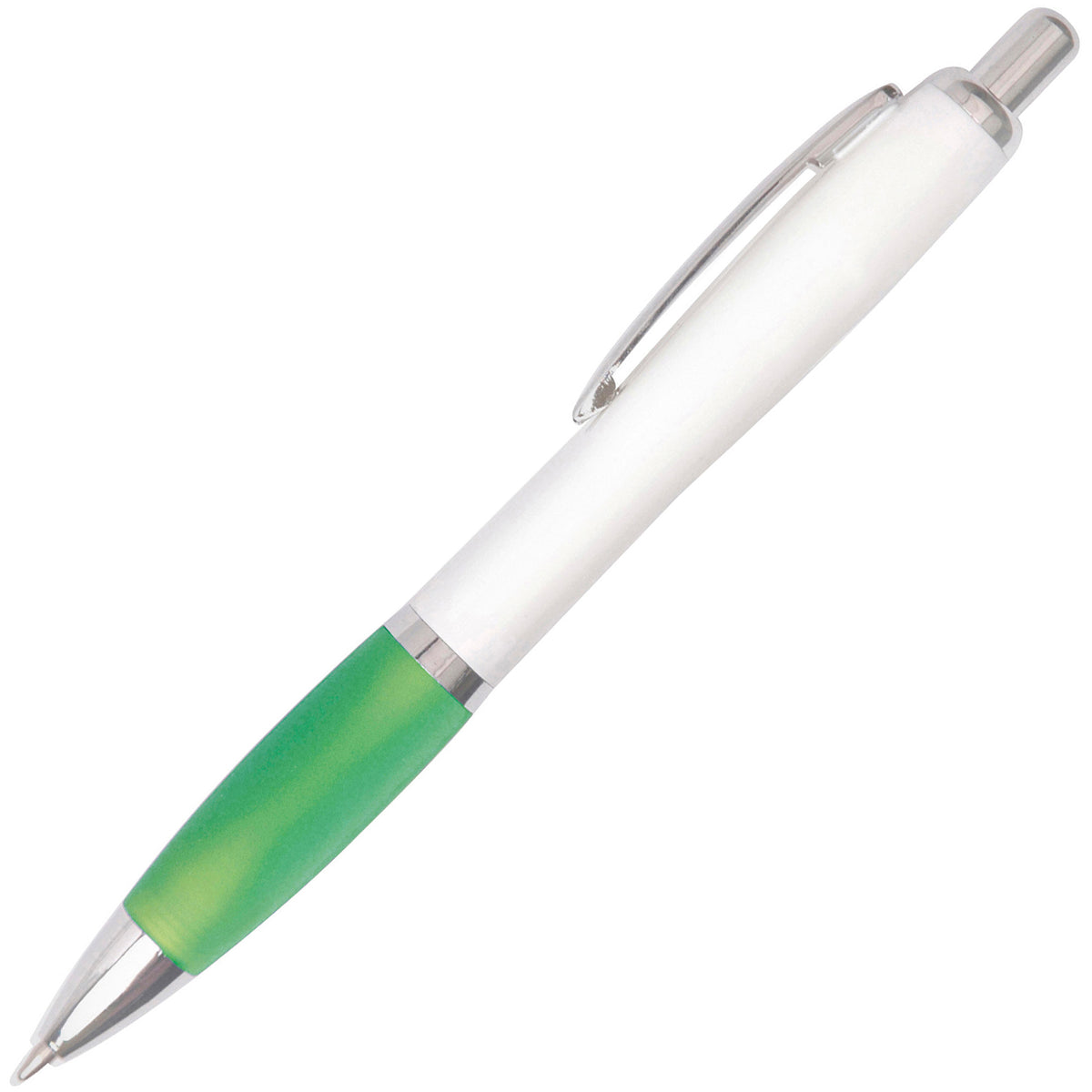 Branded White Barrel Push Action Ball Pen with Coloured Grip in GREEN