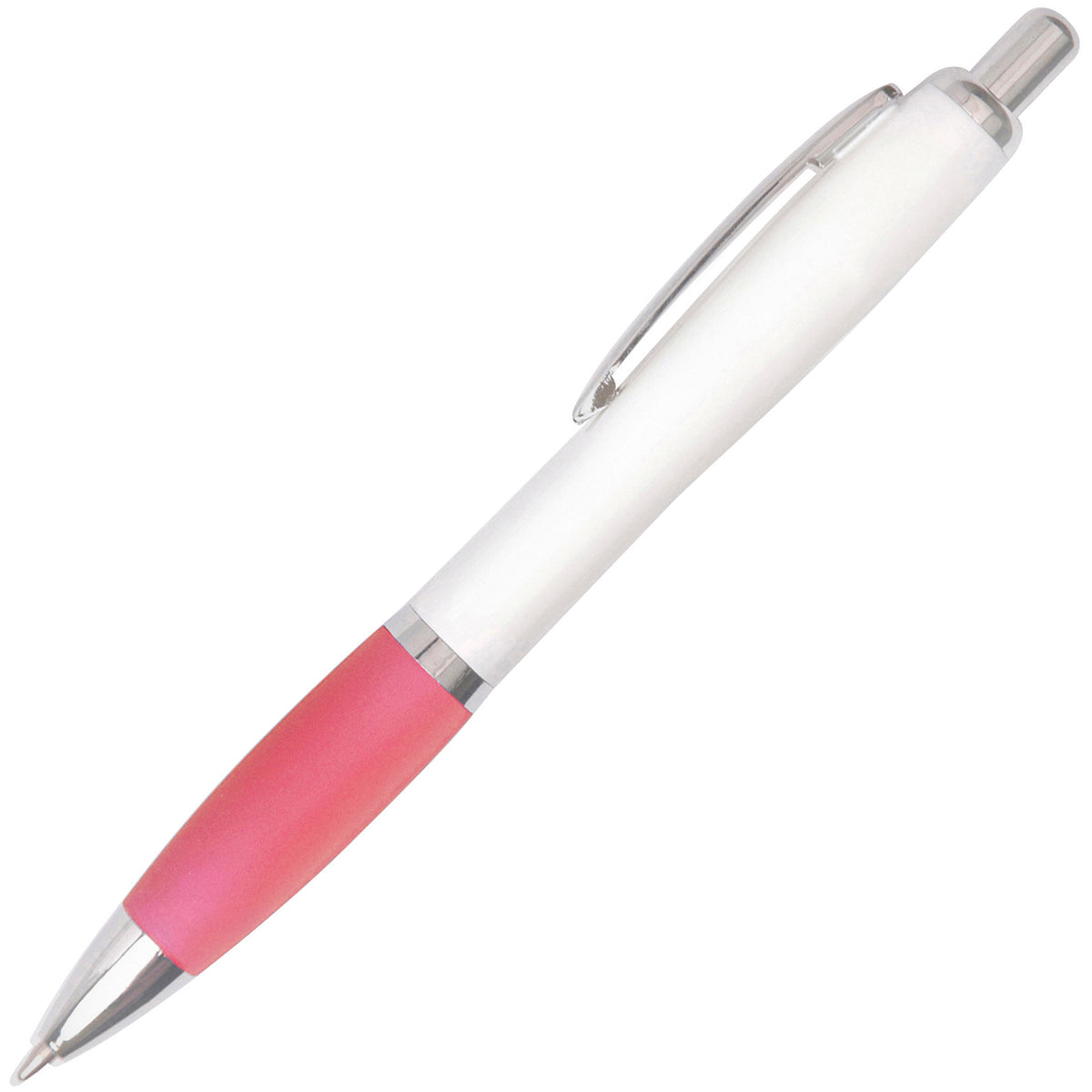 Branded White Barrel Push Action Ball Pen with Coloured Grip in PINK