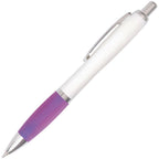 Branded White Barrel Push Action Ball Pen with Coloured Grip in PURPLE