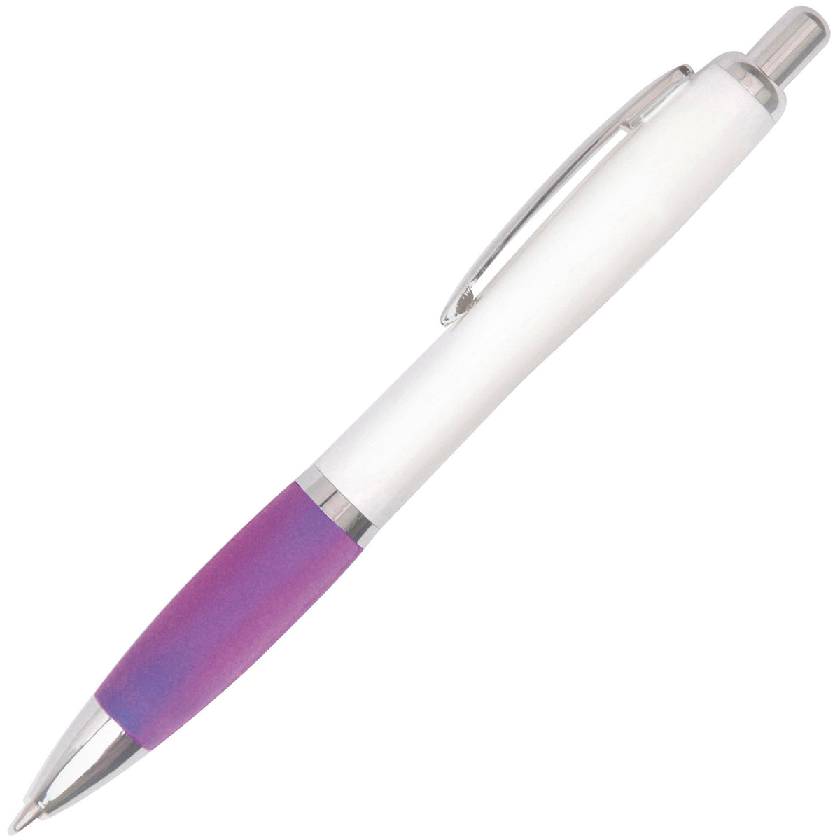 Branded White Barrel Push Action Ball Pen with Coloured Grip in PURPLE