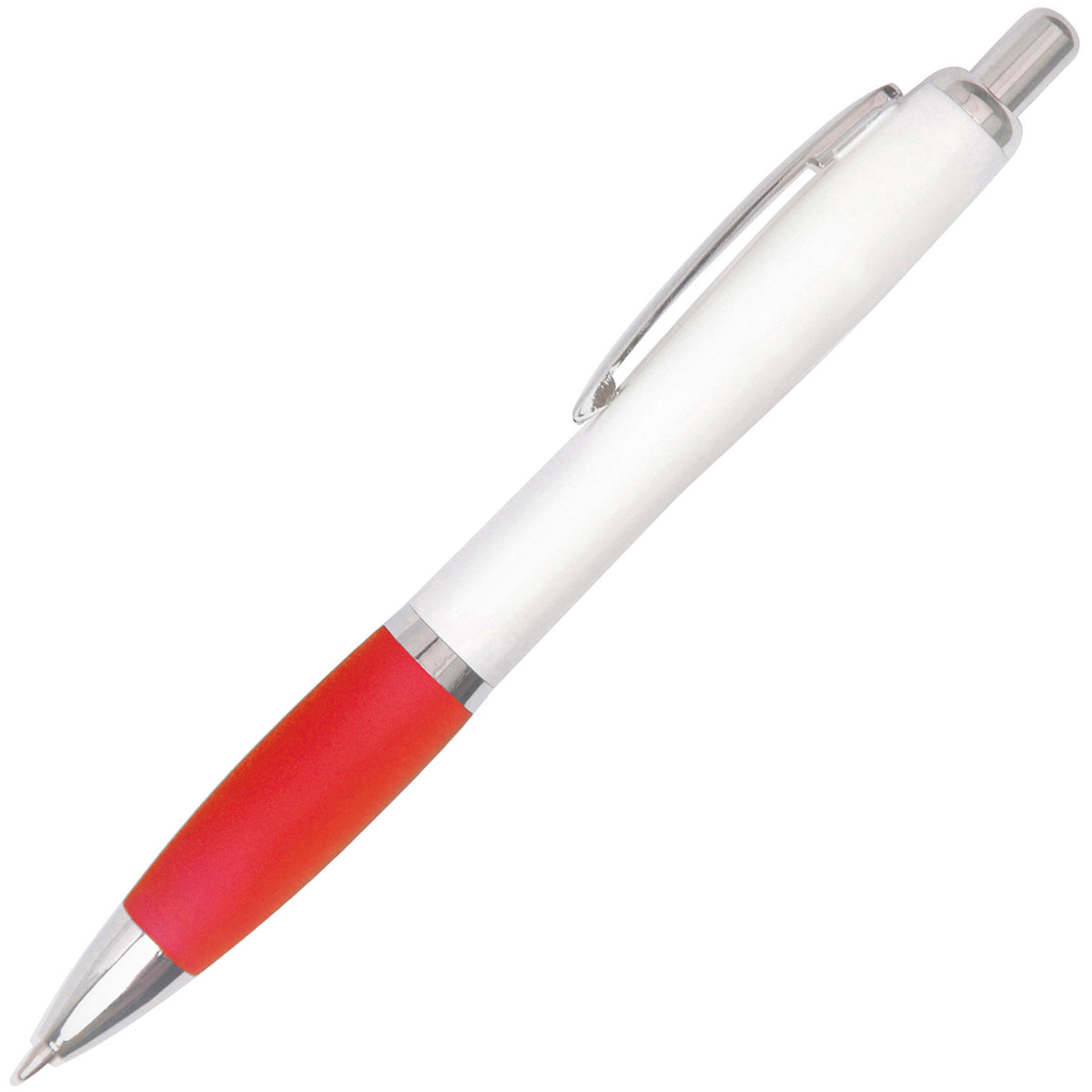 Branded White Barrel Push Action Ball Pen with Coloured Grip in RED