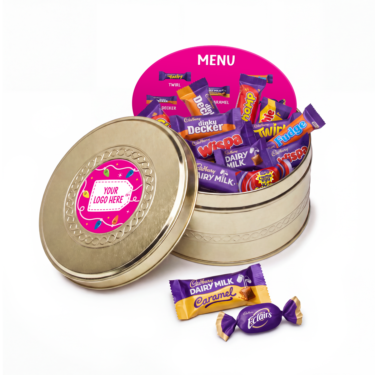 Branded Heroes gold treat tin, front view