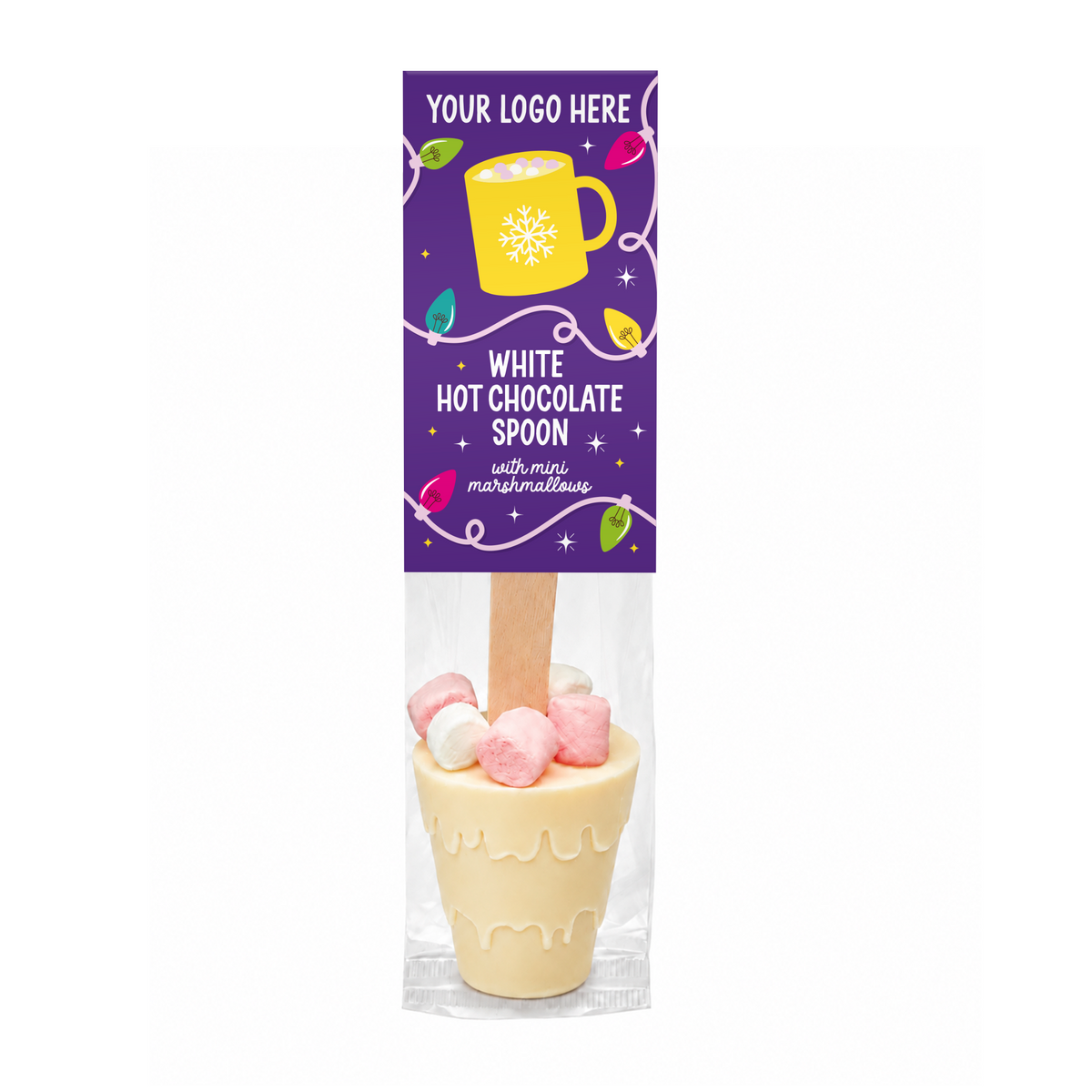 Branded white chocolate hot chocolate stirrer with mini marshmallows