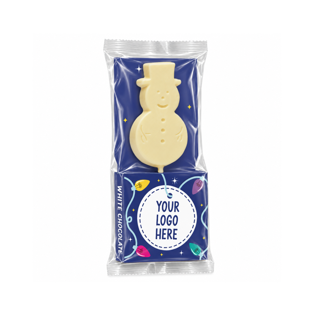 Branded festive chocolate lolly, white chocolate snowman