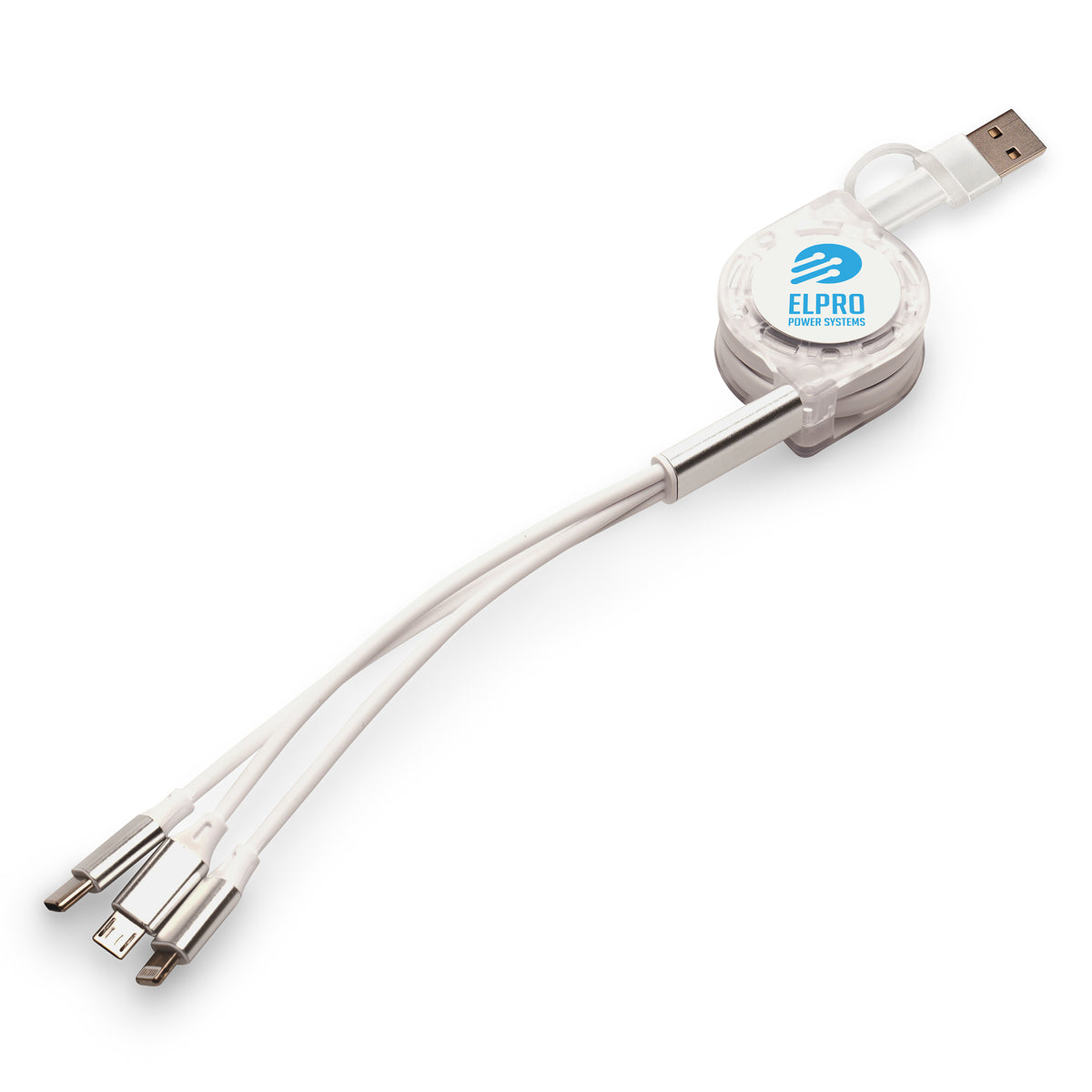 Branded 3-in-1 Retractable Reel Charging Cable in White