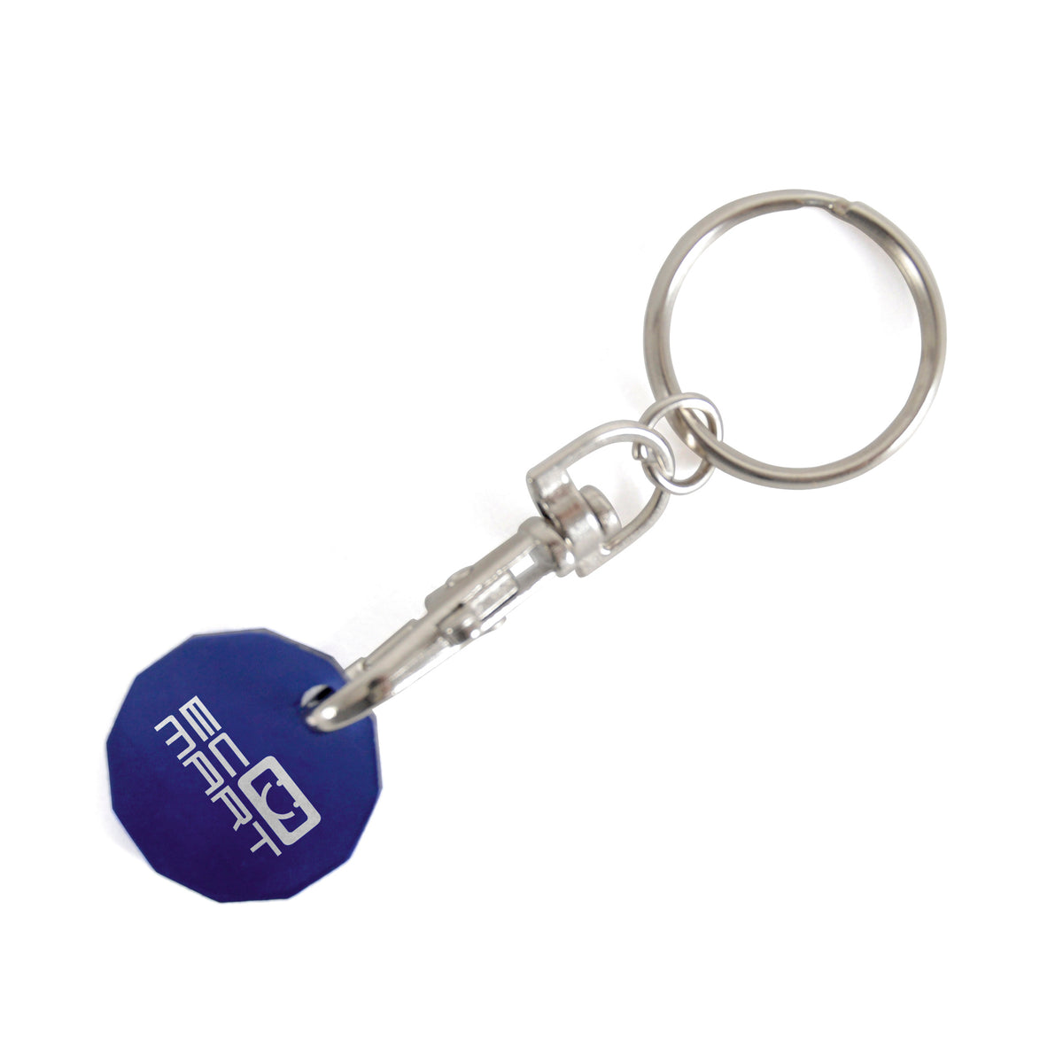 Branded 12-Sided Metal Trolley Coin Keyring in Blue