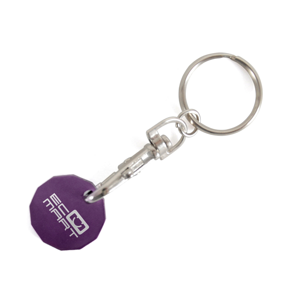 Branded 12-Sided Metal Trolley Coin Keyring in Purple