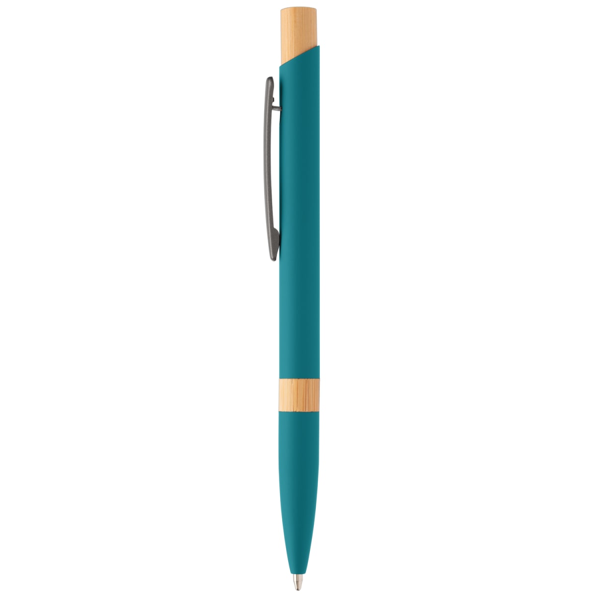 Branded Recycled Aluminium Pen with Bamboo Trim in Teal