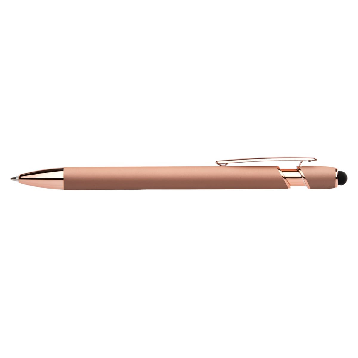 Branded Rose Gold Soft-Touch Metal Gel Pen with Stylus in Rose Gold