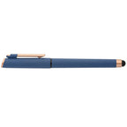 Branded Recycled Plastic Gel Pen with Stylus and Bronze Trim in Navy Blue