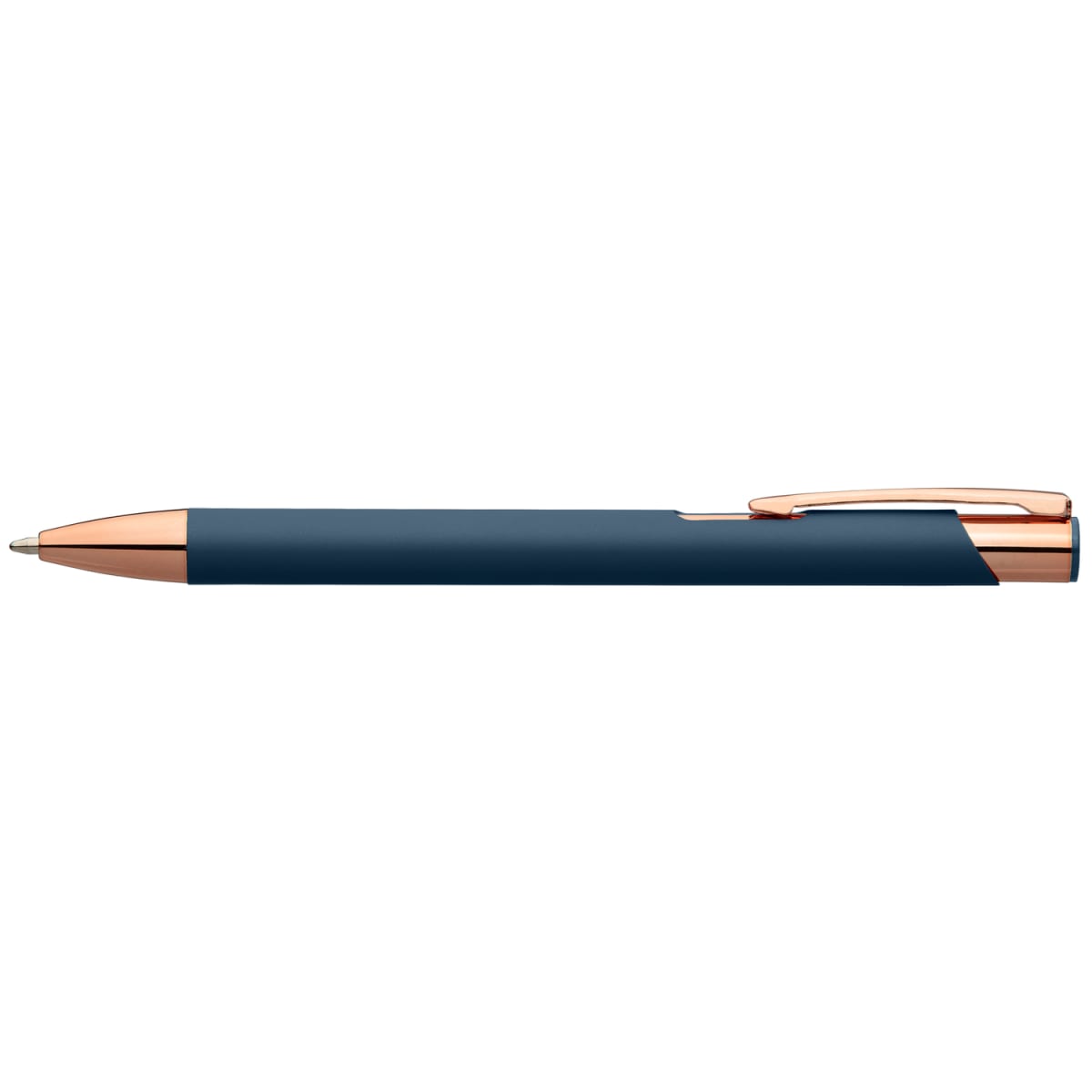 Branded Satin Finish Metal Pen with Rose Gold Accents in Navy Blue