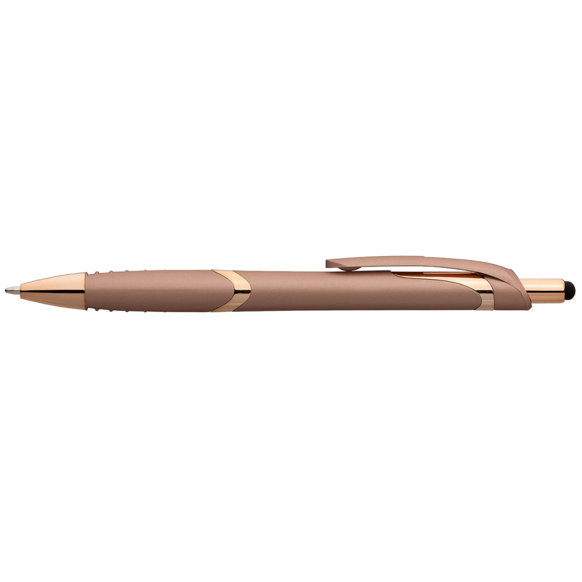 Branded Soft-Touch Plastic Pen with Rose Gold Trim and Stylus in Rose Gold