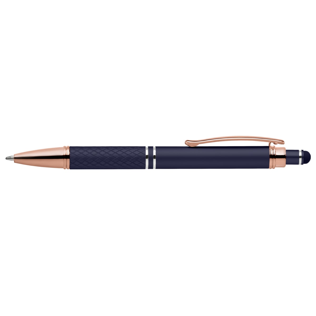Branded Rose Gold Trim Soft-Touch Metal Pen with Diamond Grip in Navy Blue