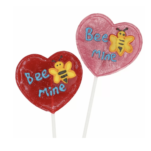Heart-shaped lollipops with a red background and a bee design, one lollipop says 'BEE MINE' and the other has a similar design but with the words 'MINE' at the end.