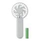 Handheld fan with a green battery pack on a white background