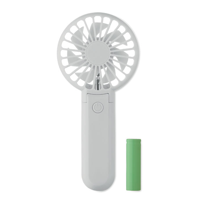 Handheld fan with a green battery pack on a white background