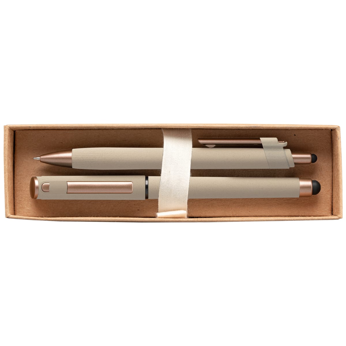 Branded Recycled Plastic Pen Gift Set with Bronze Trim in Dune