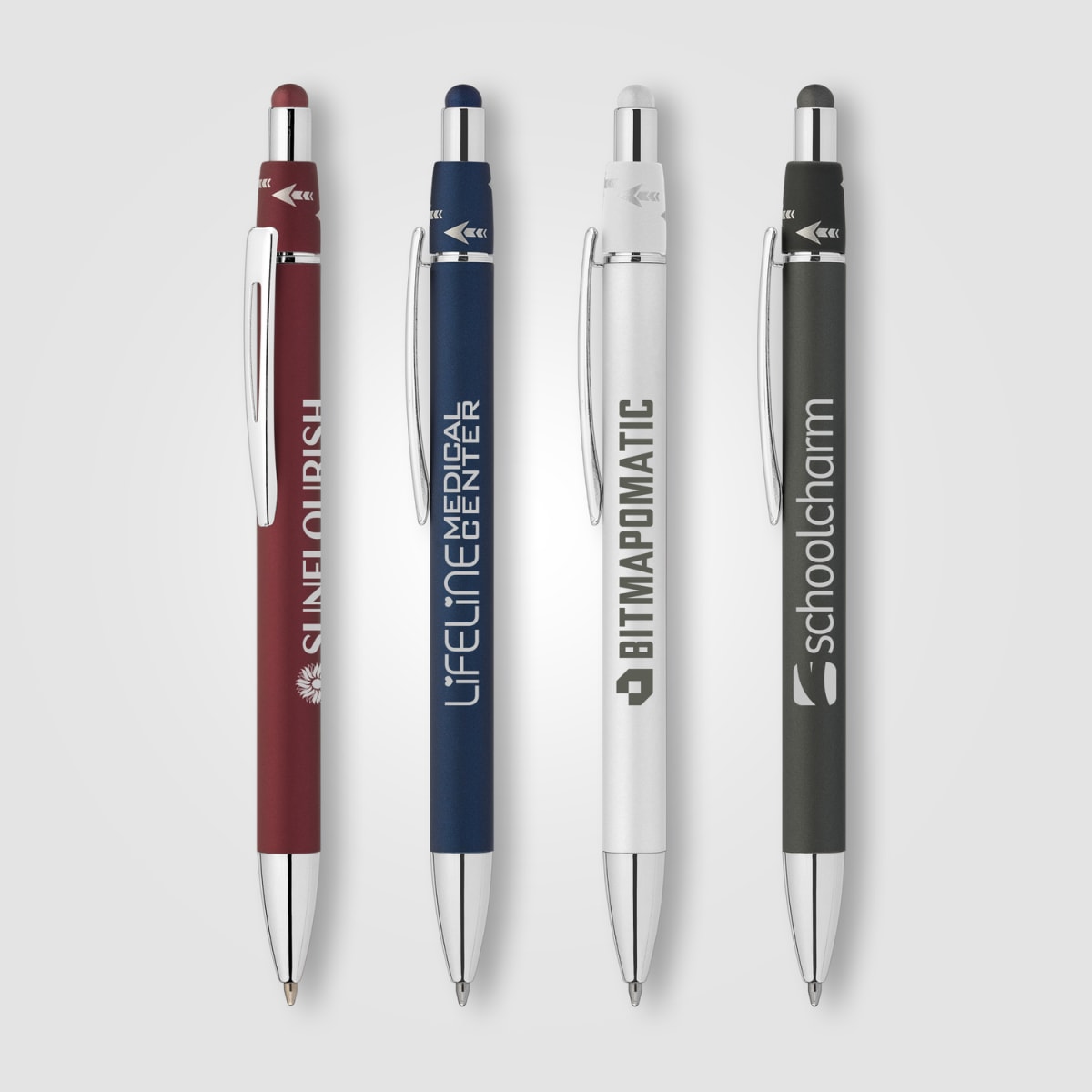 Branded Metal Spinner Pen with Chrome Trim and Stylus