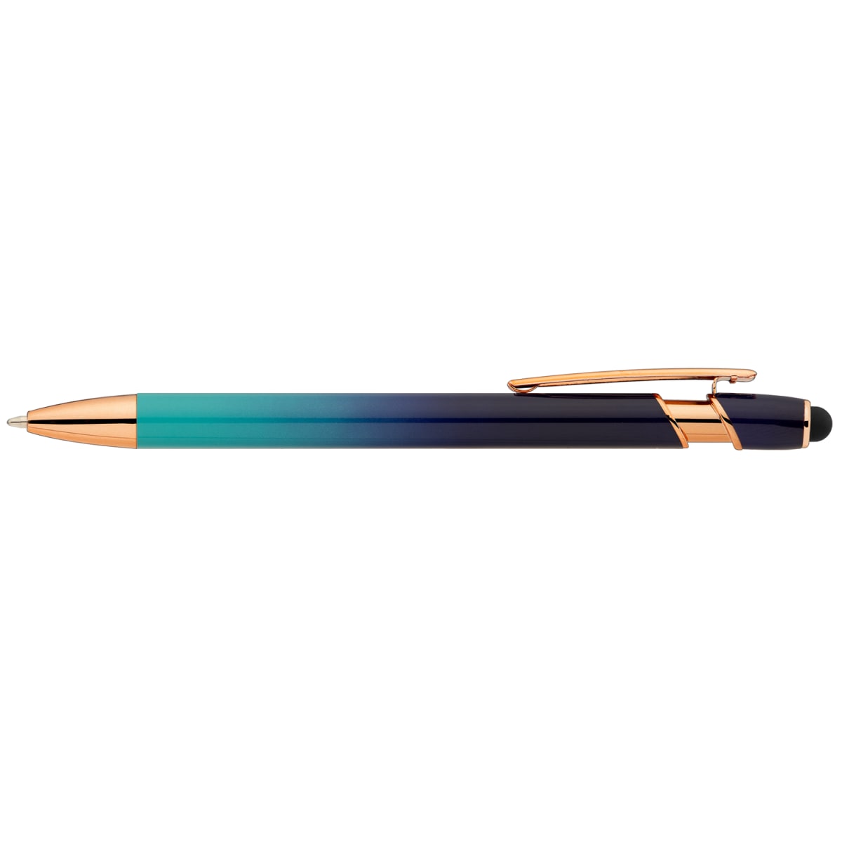 Branded Ombre Metal Pen with Stylus and Rose Gold Trim in Navy Blue