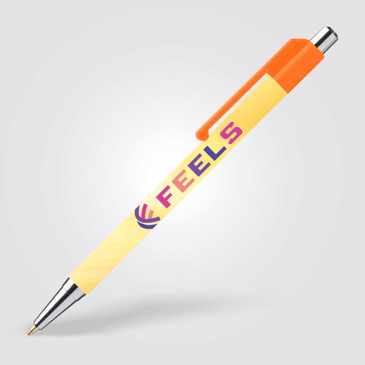 Branded Slimline Chrome Click Pen with Colour Clip in Neon Orange