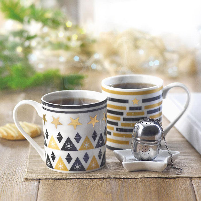 Branded mug, tea filter and plate set, in use